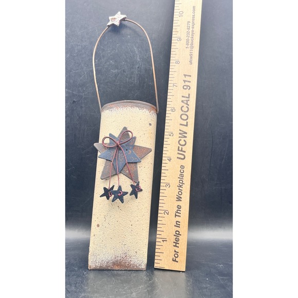 Rustic Primitive Metal Wall Pocket Hanging Cone Vase Distressed Star Tan 10" - Picture 2 of 5